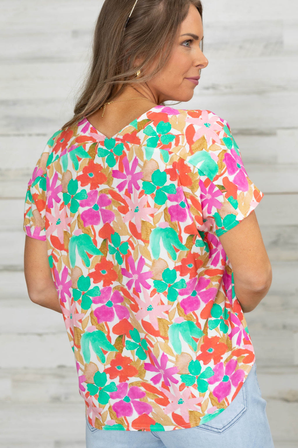 Coral And Pink V-Neck Floral Woven Top