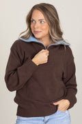 Brown Color Contrast Accent Zip Up Sweater