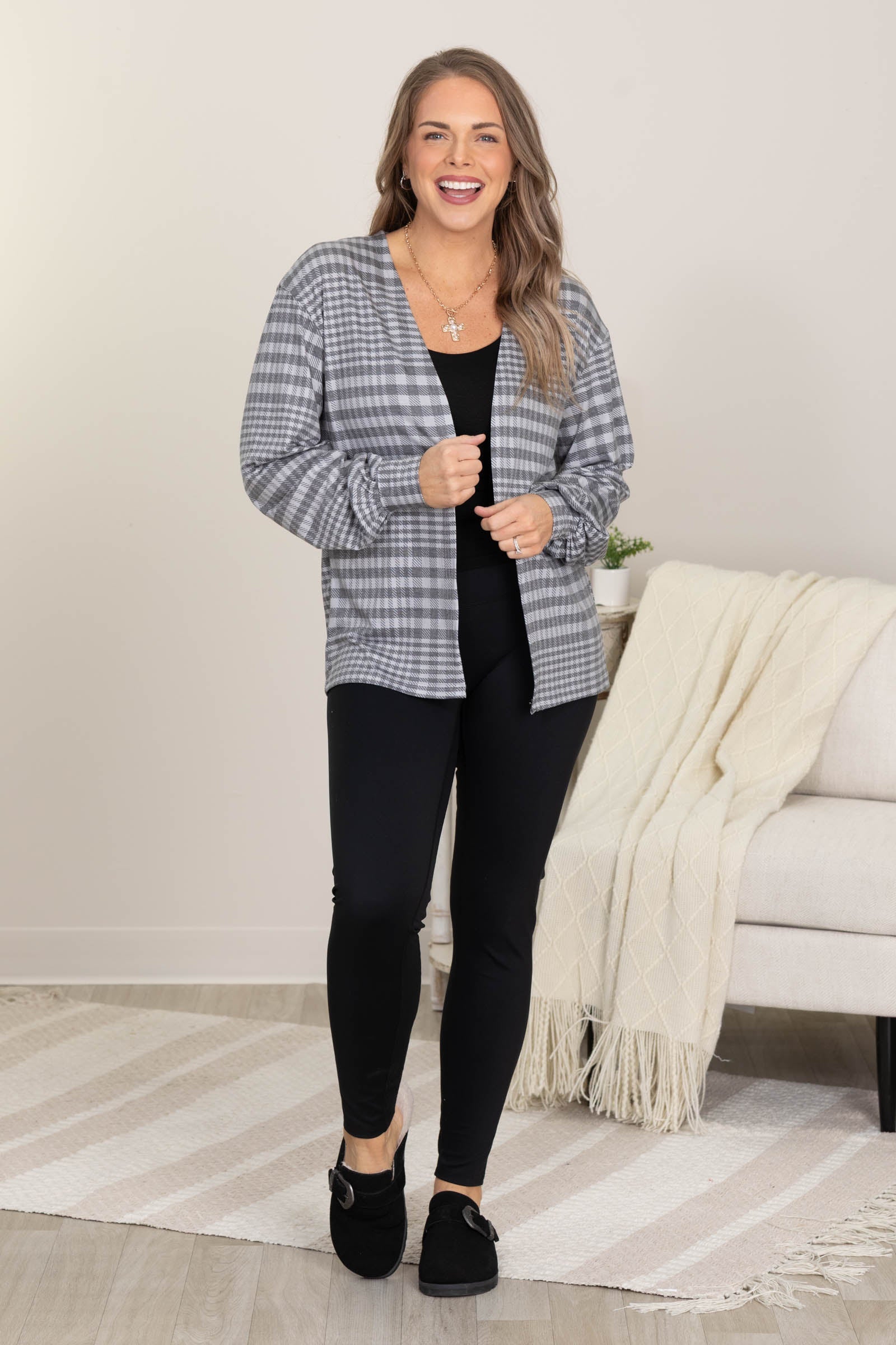 Charcoal and Grey Plaid Knit Cardigan