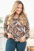 Brown And Aqua Zebra Print Wrinkle Free Top