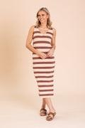 Brown And Beige Stripe V-Neck Tank Midi Dress