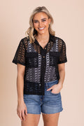 Button Up Crochet Front Pocket Woven Top