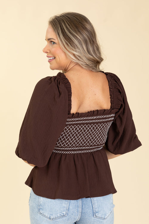Brown Smocked Woven Blouse