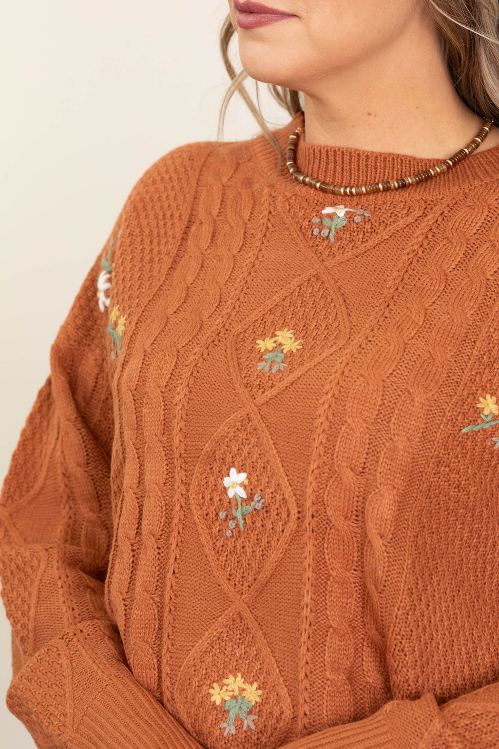 Burnt Orange Flower Cable Knitted Sweater