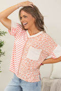 Coral V-Neck Floral And Stripe Knit Rib Top