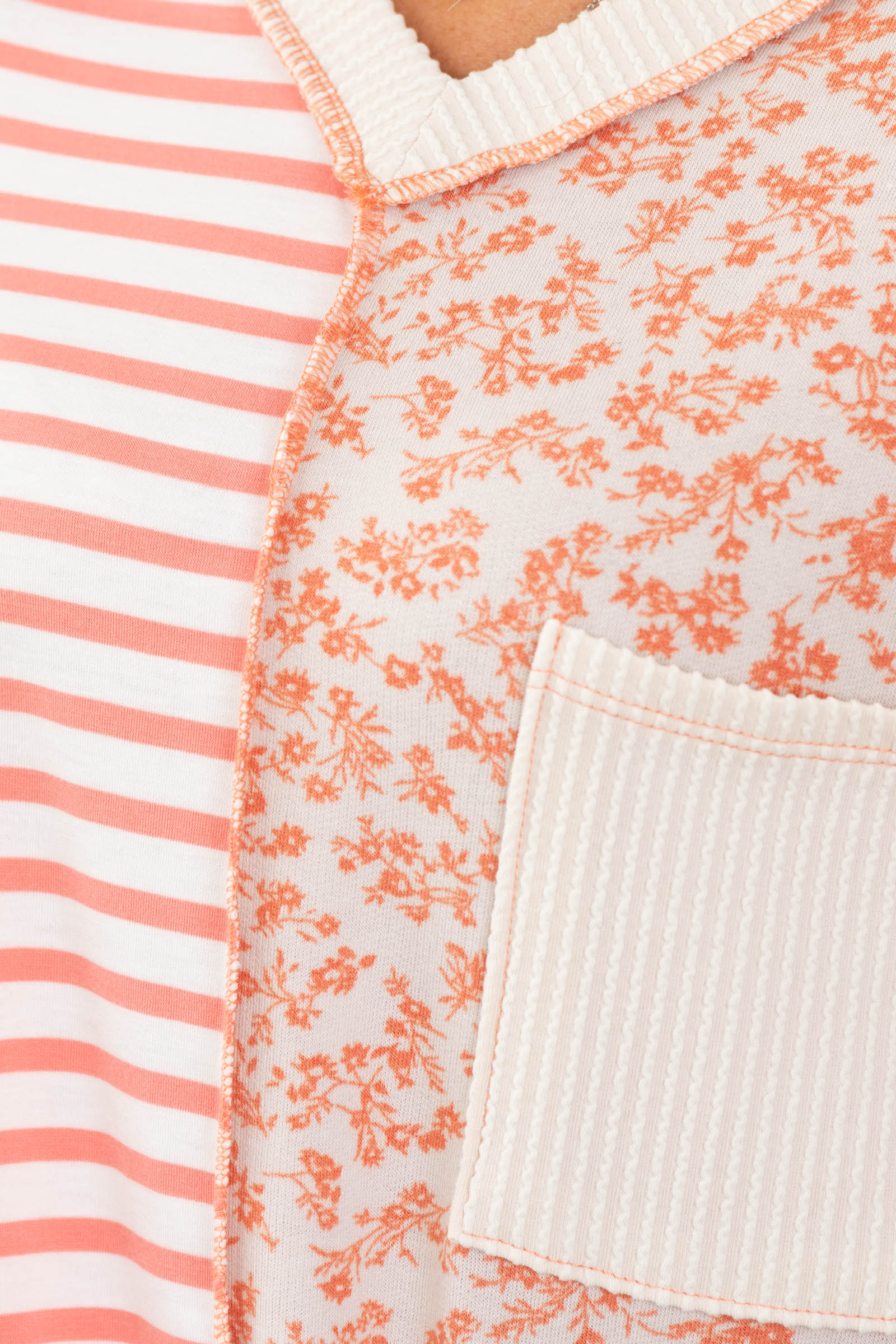 Coral V-Neck Floral And Stripe Knit Rib Top