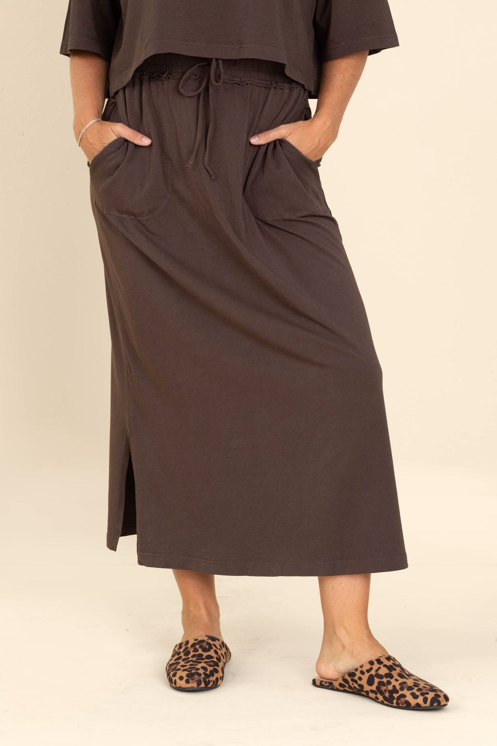 Brown Cotton Top and Skirt Set