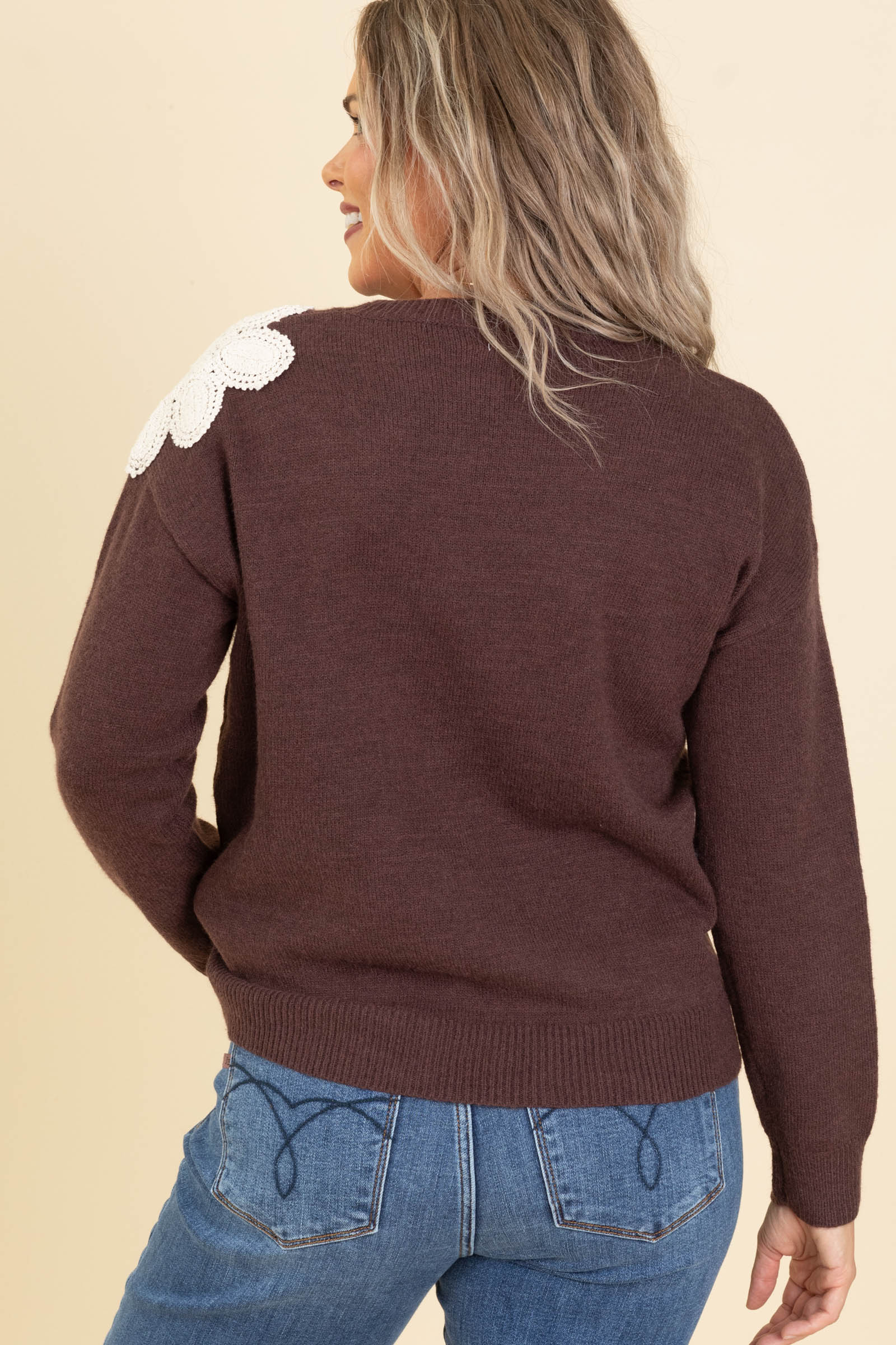 Brown With Crochet Florals Sweater