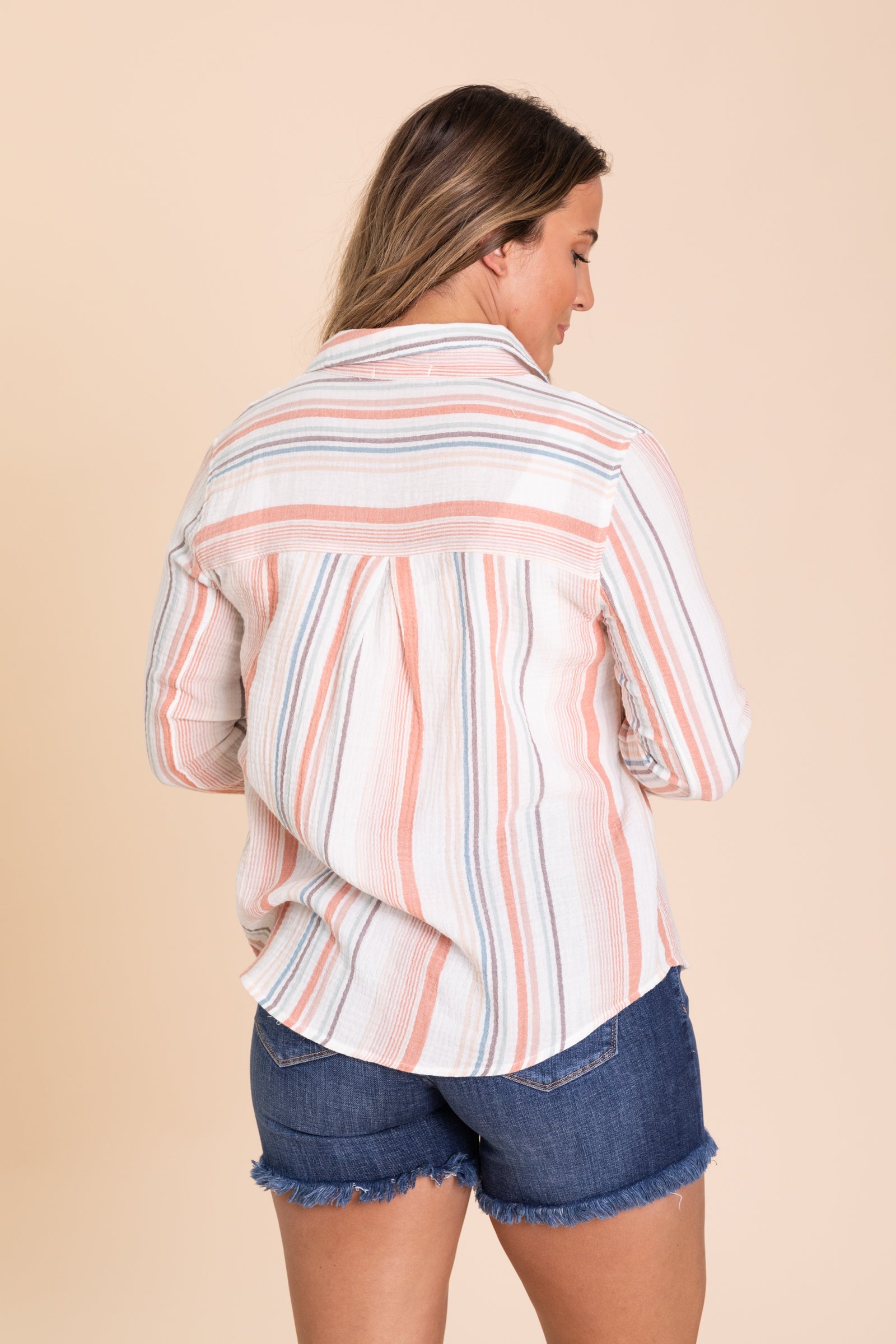 Coral Striped Gauzy Button Up Woven Top