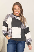 Charcoal Rib Knit Checker Leopard Knit Top