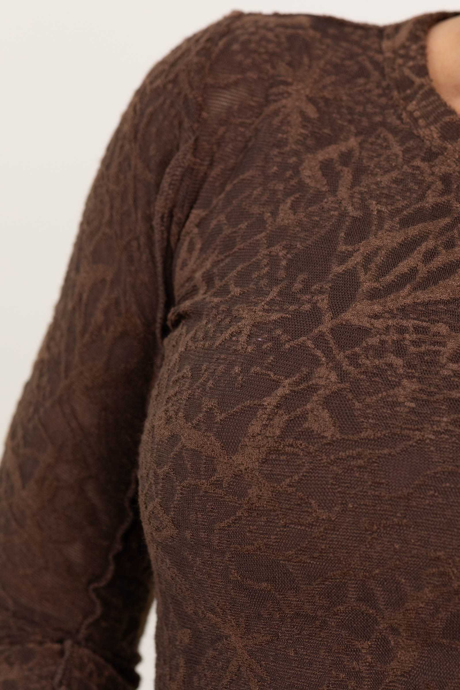 Brown Bell Long Sleeve Floral Lace Top