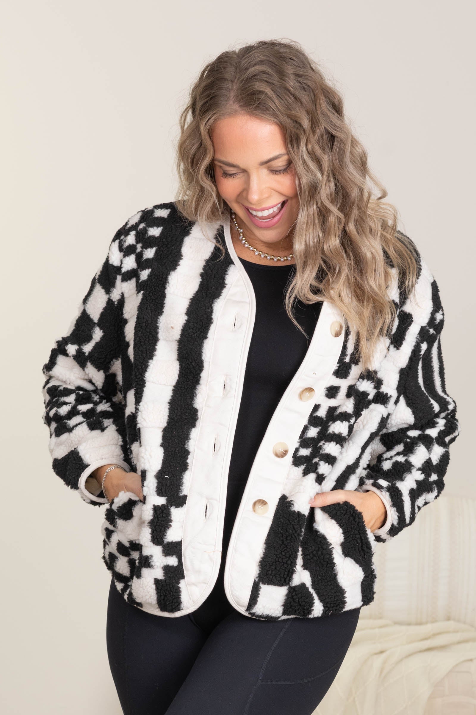 Checkered V-Neck Button Down Fleece Jacket