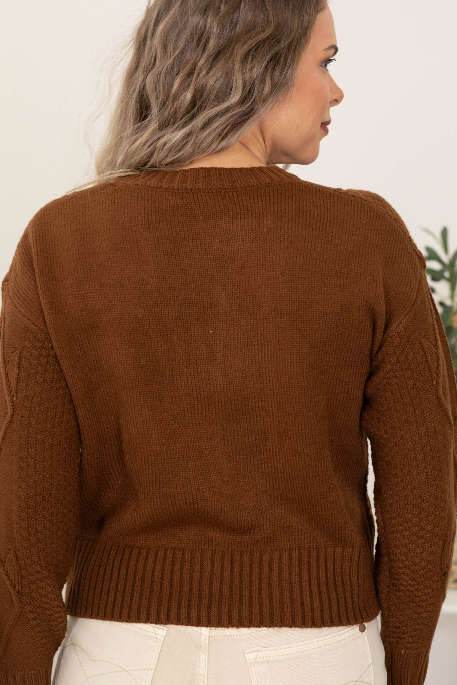 Brown Floral Embroidery Eyelet Knit Cardigan