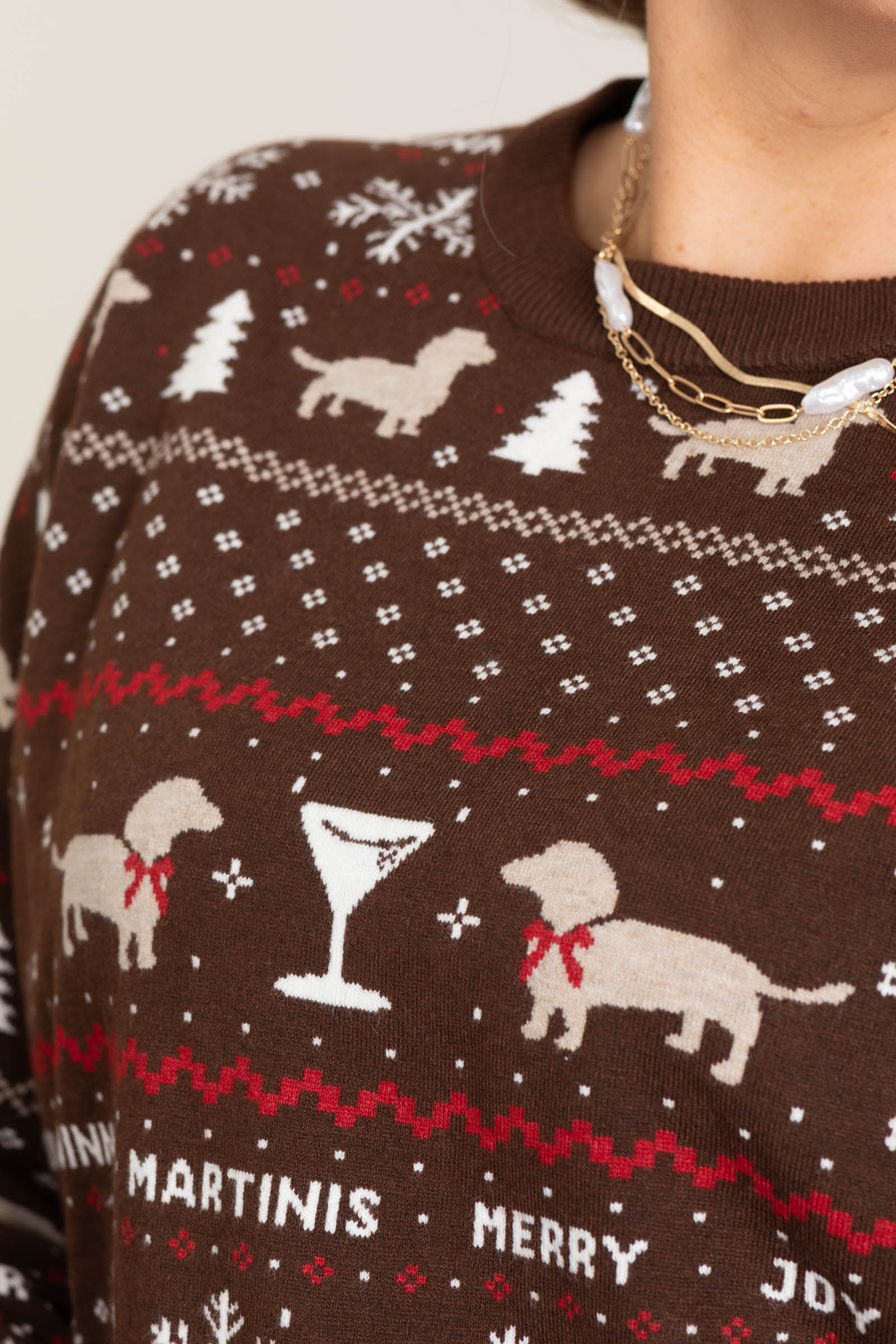 Brown Dog Pattern Graphic Christmas Sweater