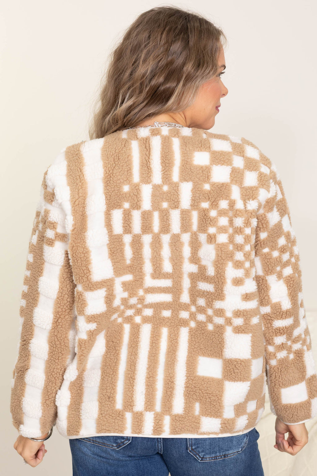 Checkered V-Neck Button Down Fleece Jacket