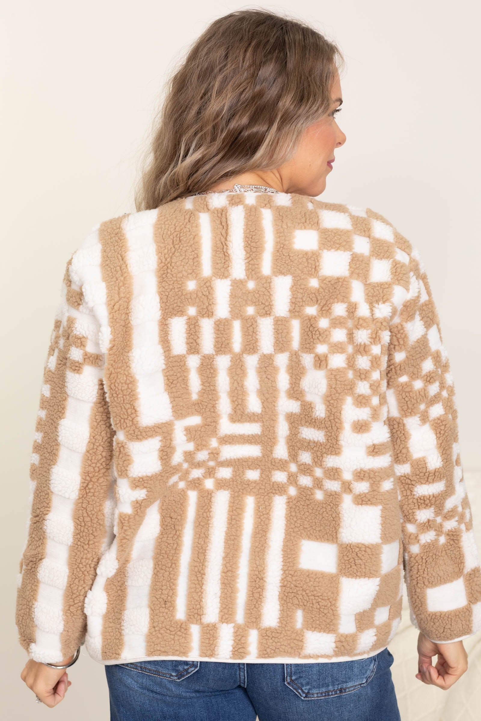 Checkered V-Neck Button Down Fleece Jacket