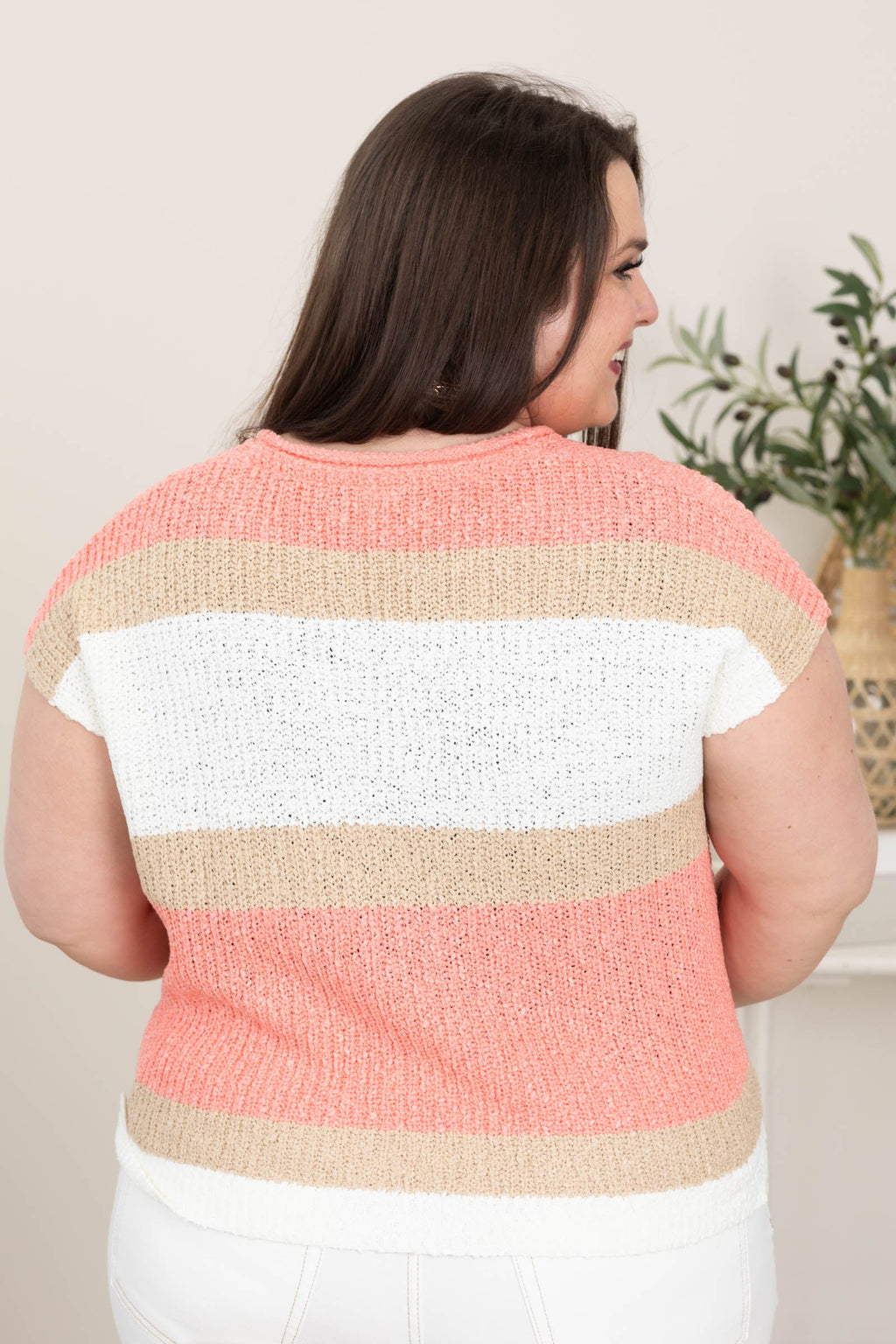 Coral and Mocha Crochet Striped Knit Top