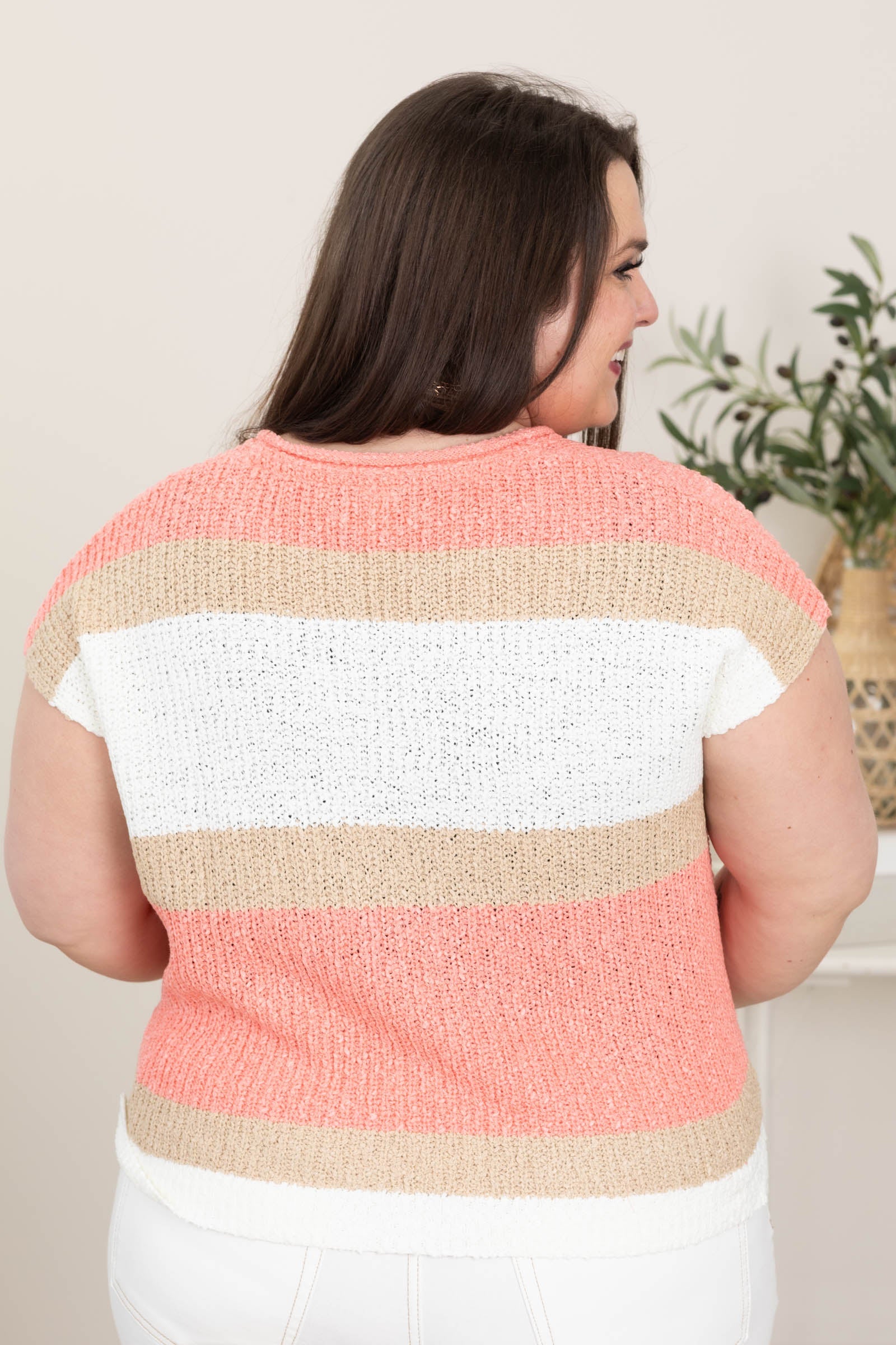 Coral and Mocha Crochet Striped Knit Top