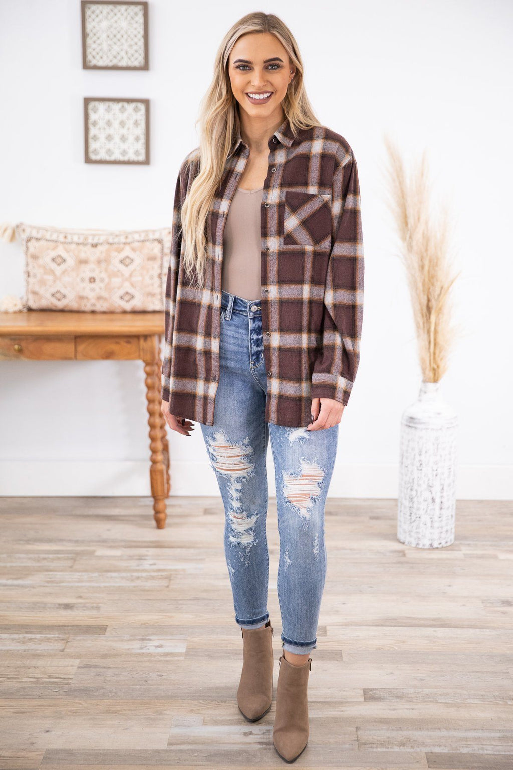Chestnut Plaid Button Up Top