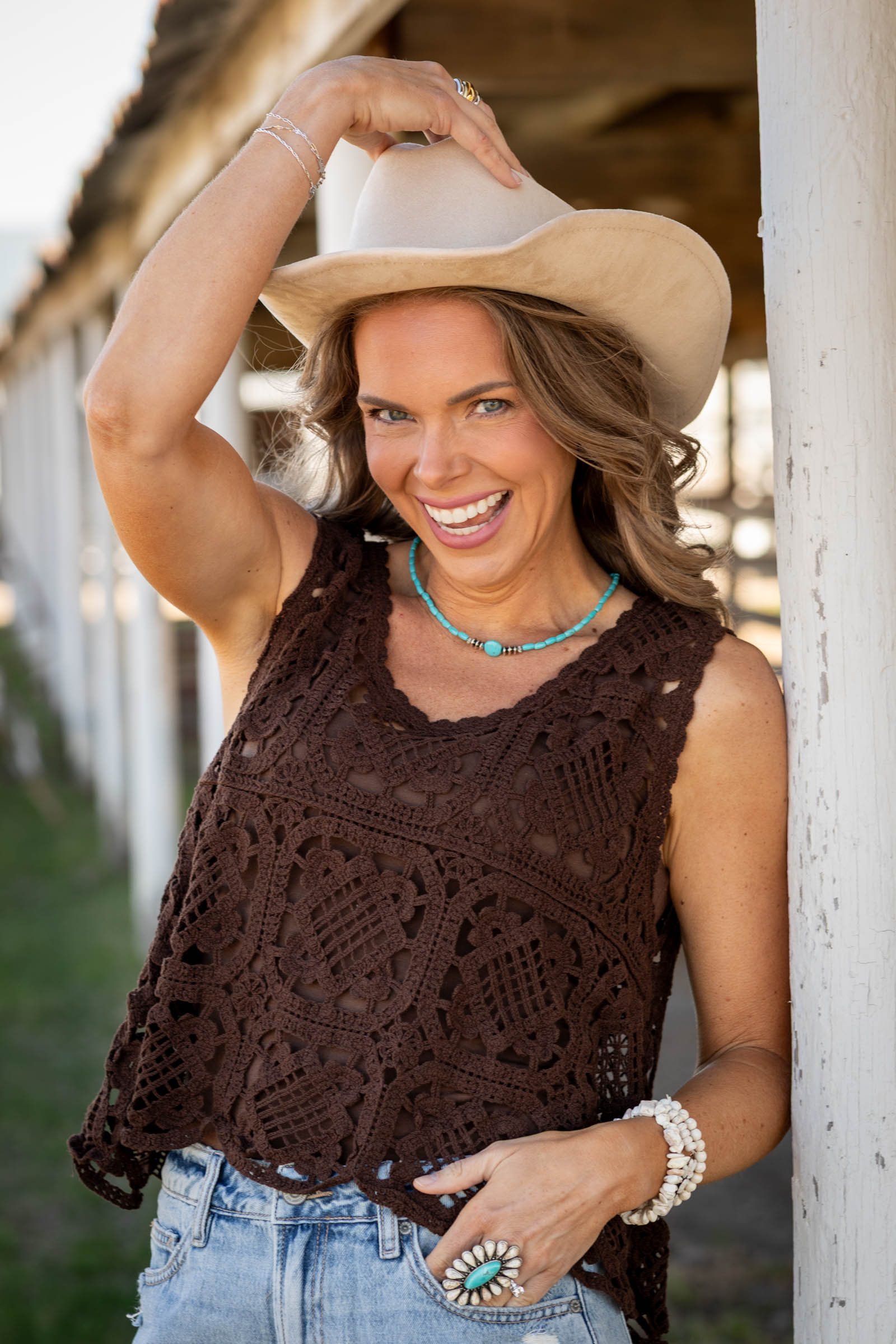 Brown Casual Crochet Tank Top