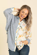 Chambray Blue Floral And Stripe Button Up Top
