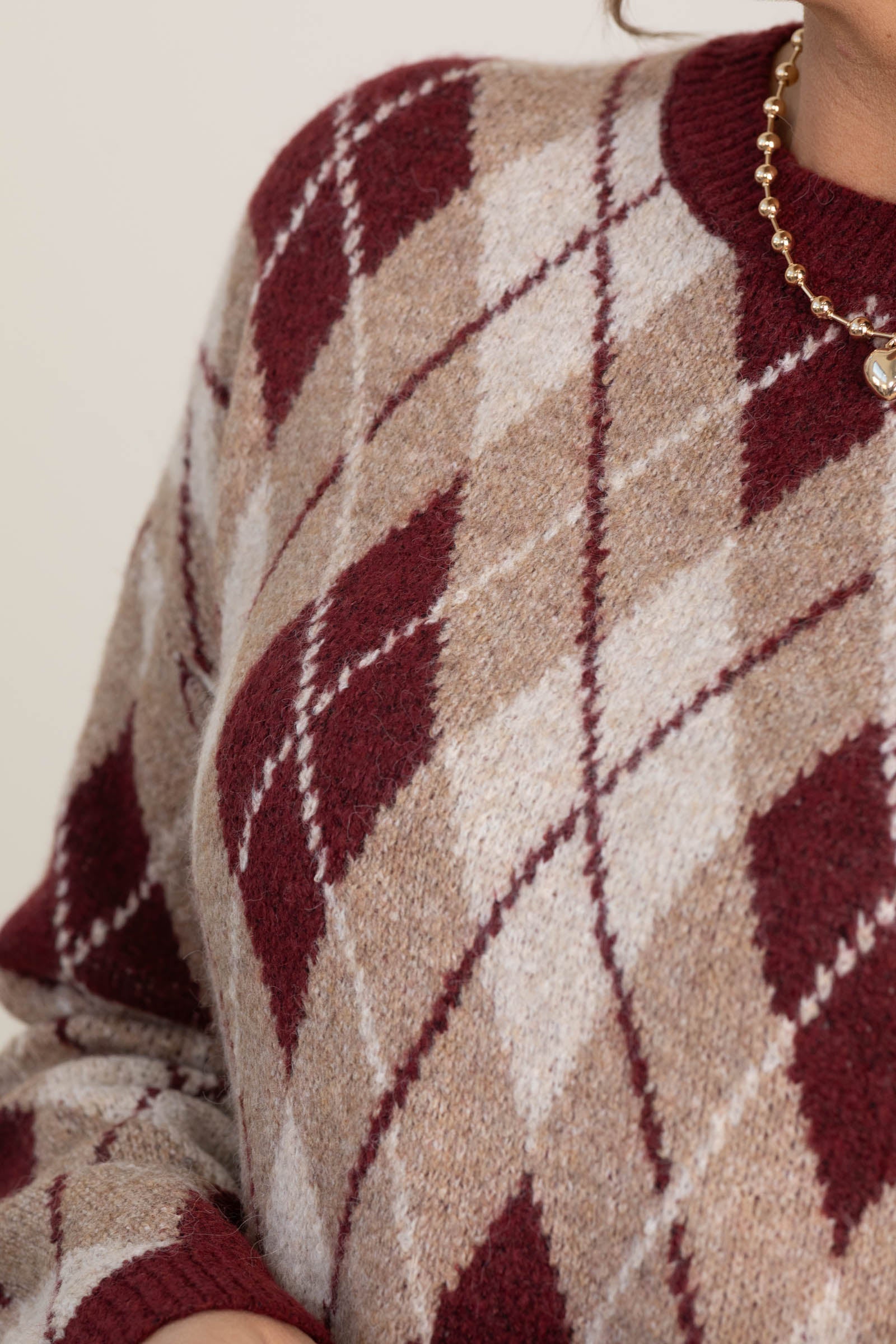 Burgundy Argyle Pattern Long Sleeve Sweater