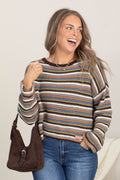 Brown Multicolor Stripe Long Sleeve Knit Top