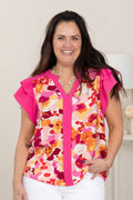 Contrast Print Flutter Ruffle Sleeve Woven Tops