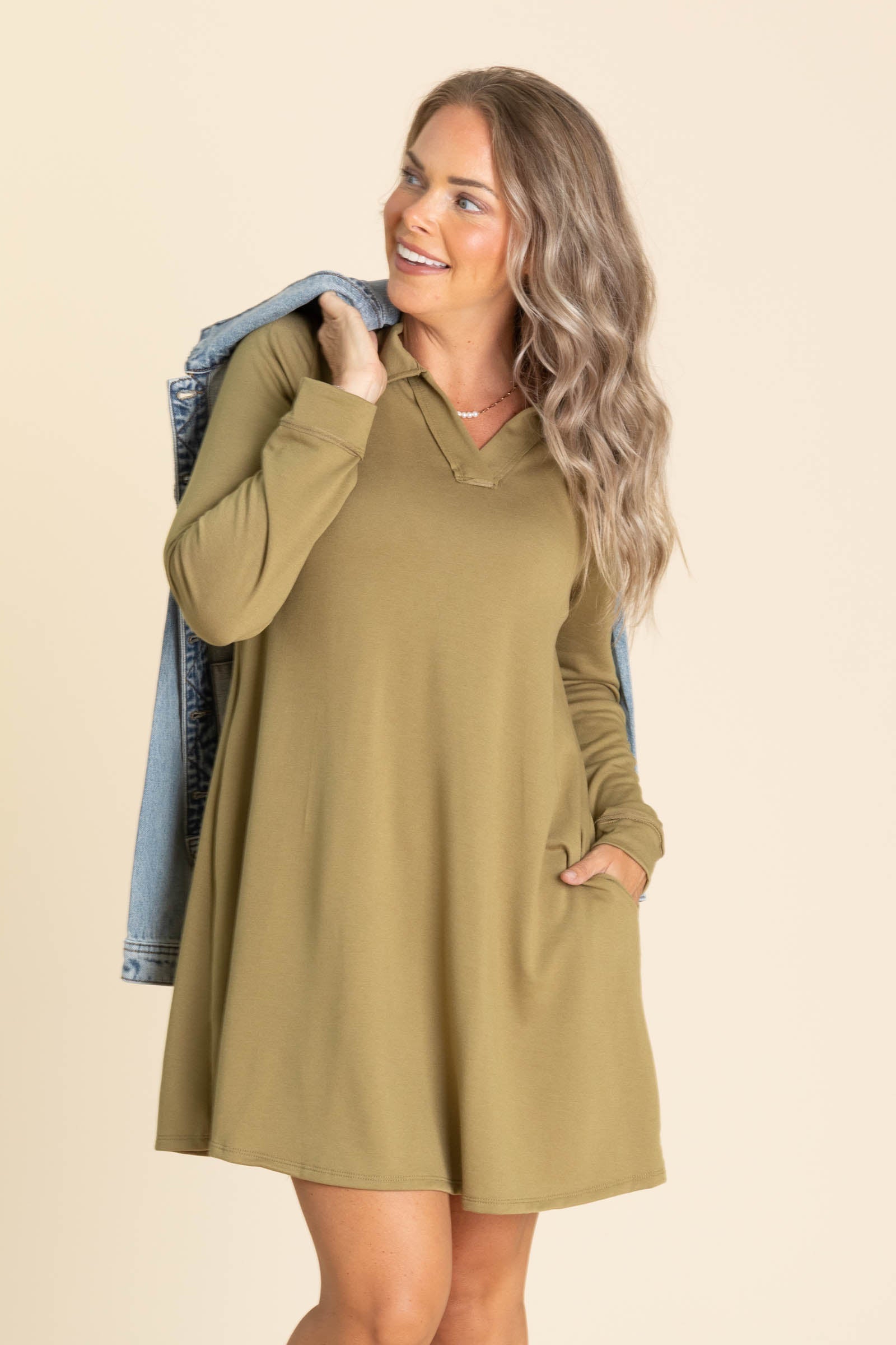 Collared Long Sleeve Knit Dresses With Pockets