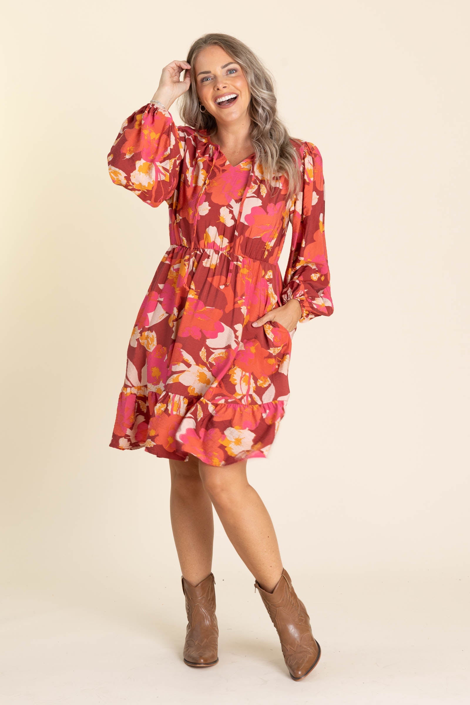 Burgundy Floral Woven Dress With Bow Tie