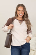 Brown And Beige Floral Sleeve Detail Top