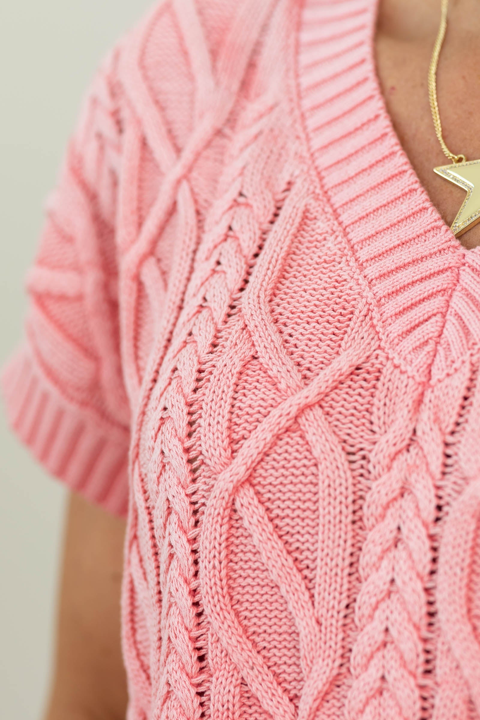 Coral Cable Knit V-Neck Sweater Knit Top