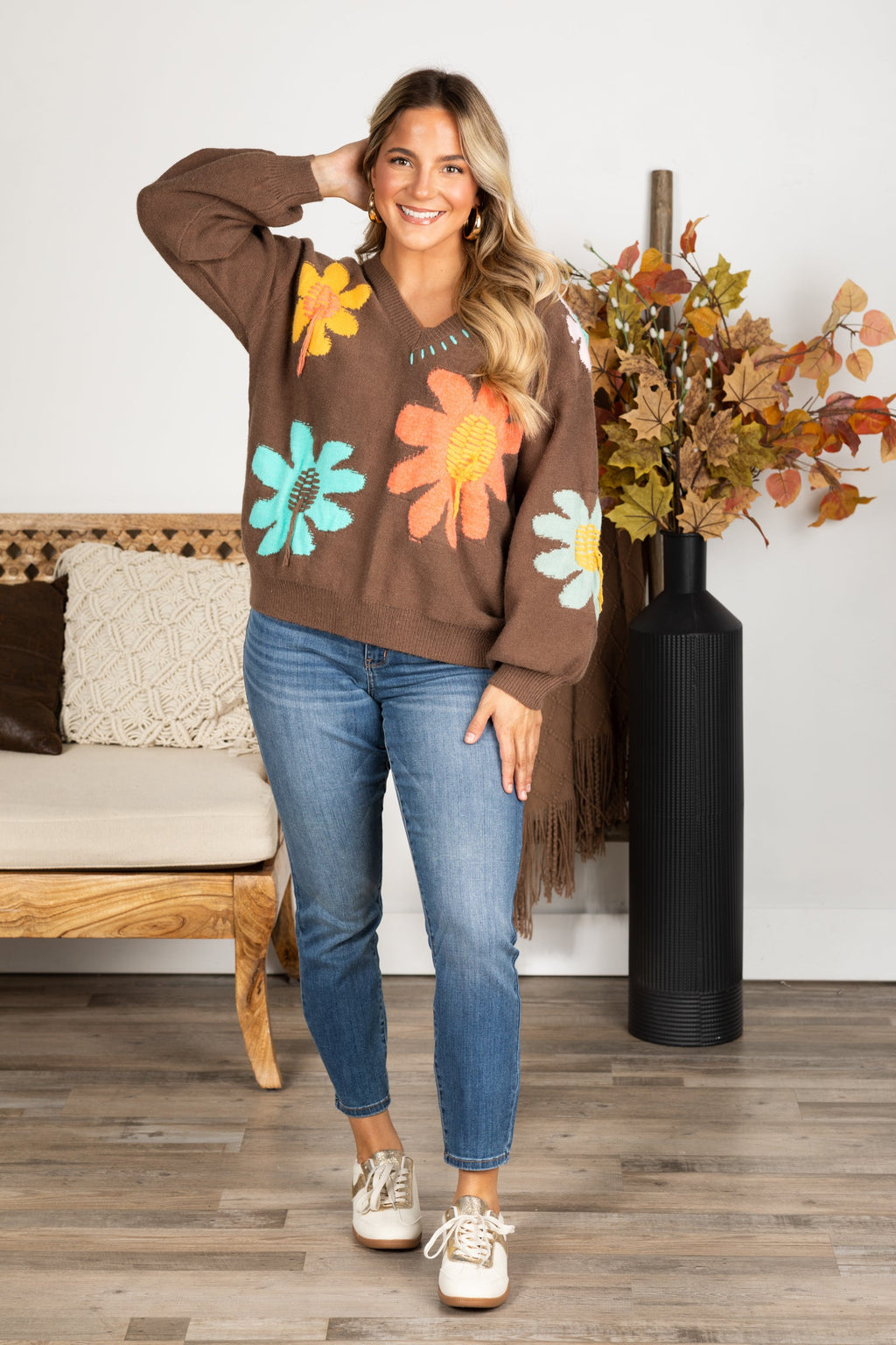 Brown Floral Pattern V-Neck Pullover Sweater