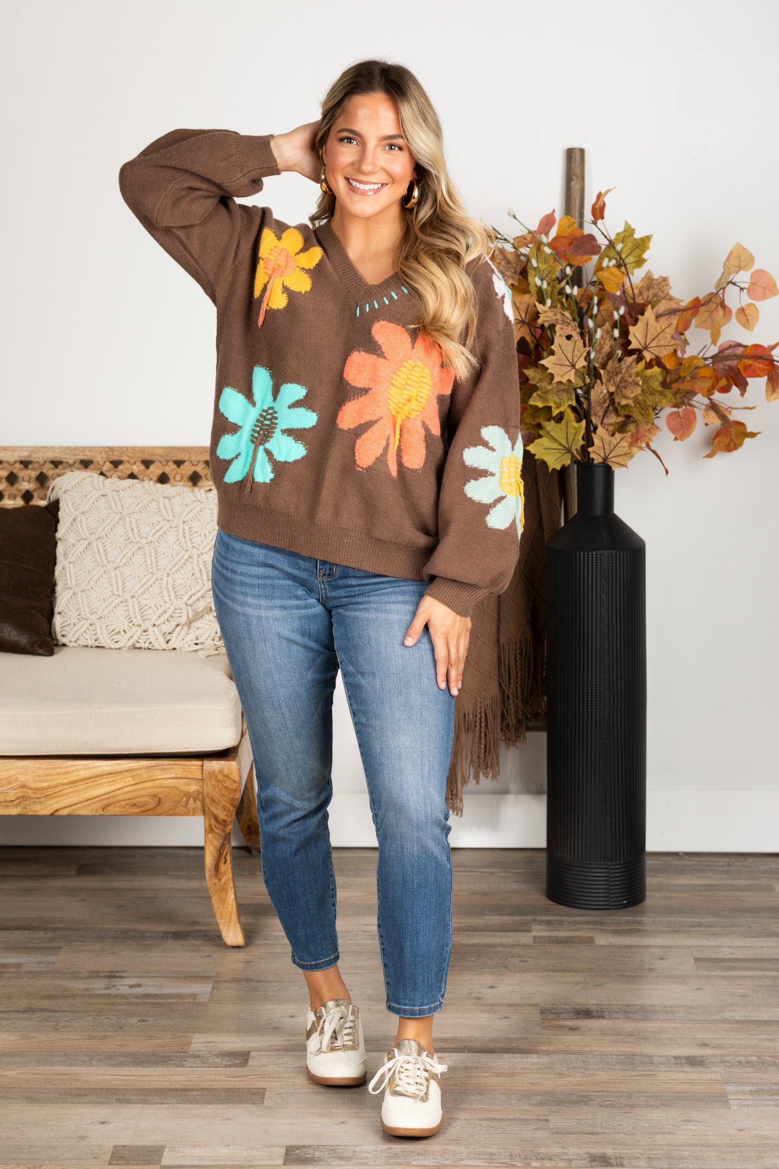 Brown Floral Pattern V-Neck Pullover Sweater