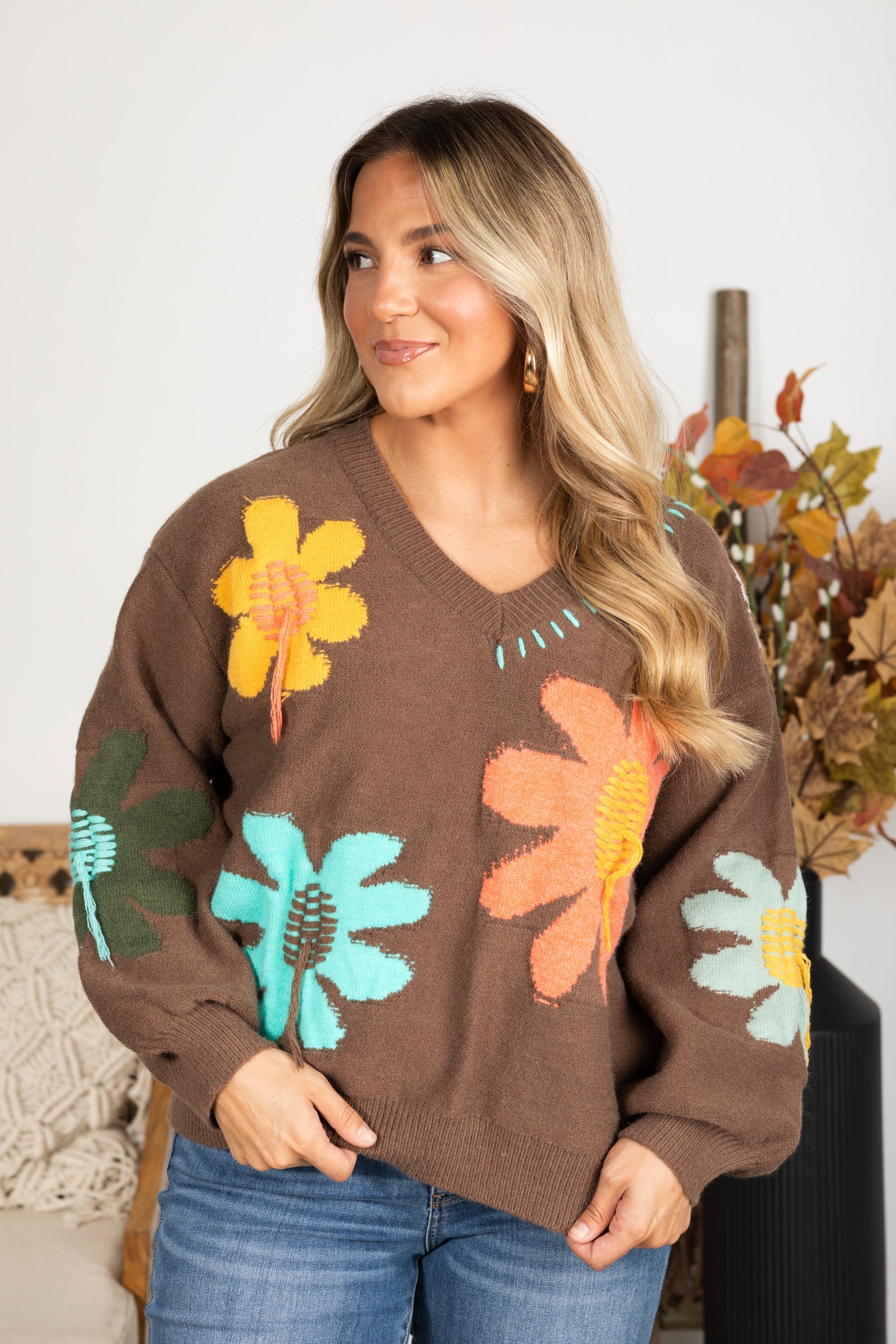 Brown Floral Pattern V-Neck Pullover Sweater