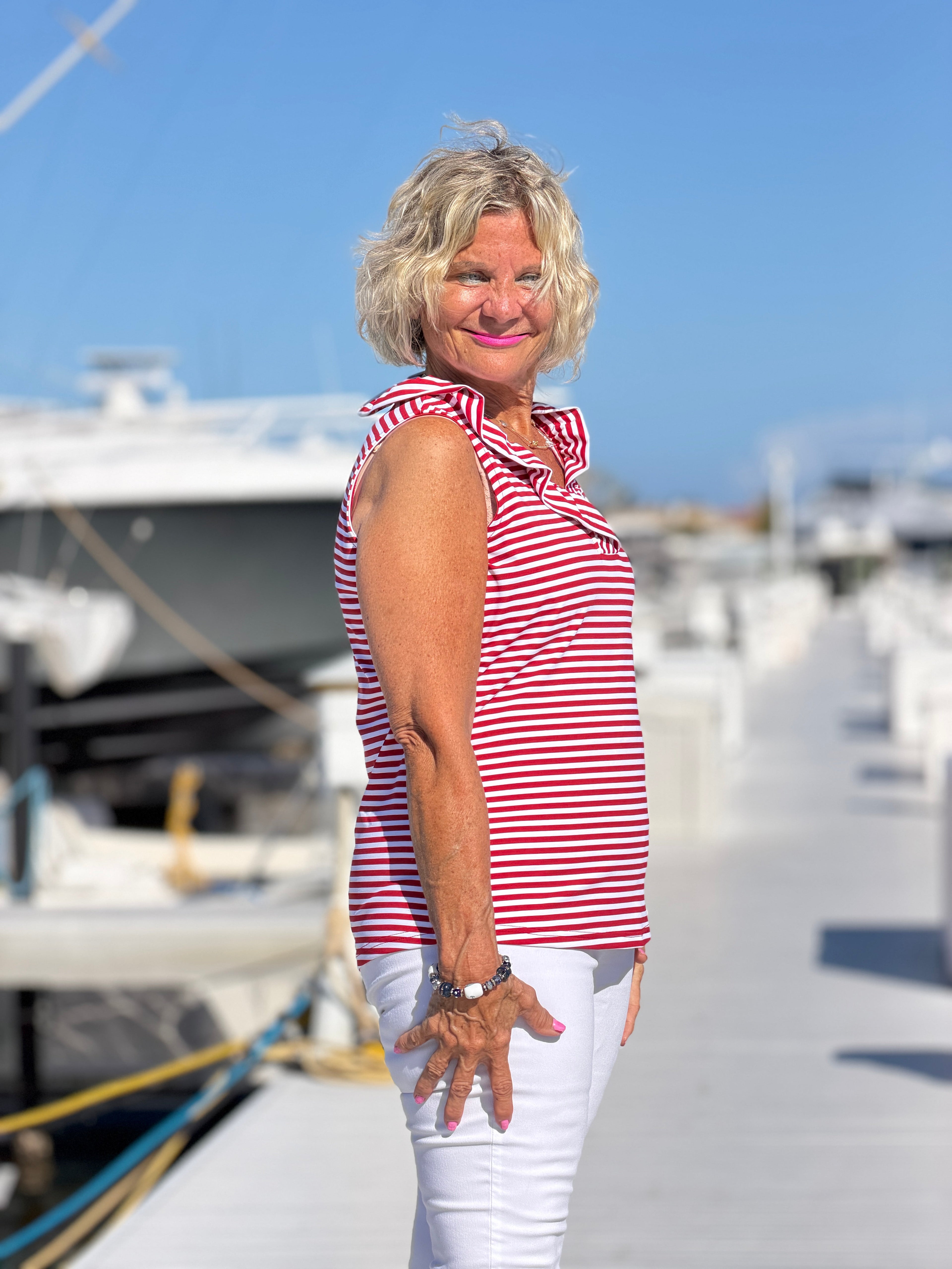 REGATTA RED STRIPE SLEEVELESS RUFFLE TOP