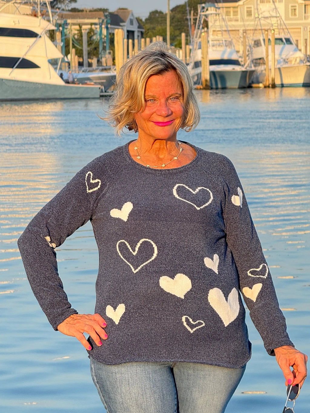 NAVY HEART CHENILLE SWEATER