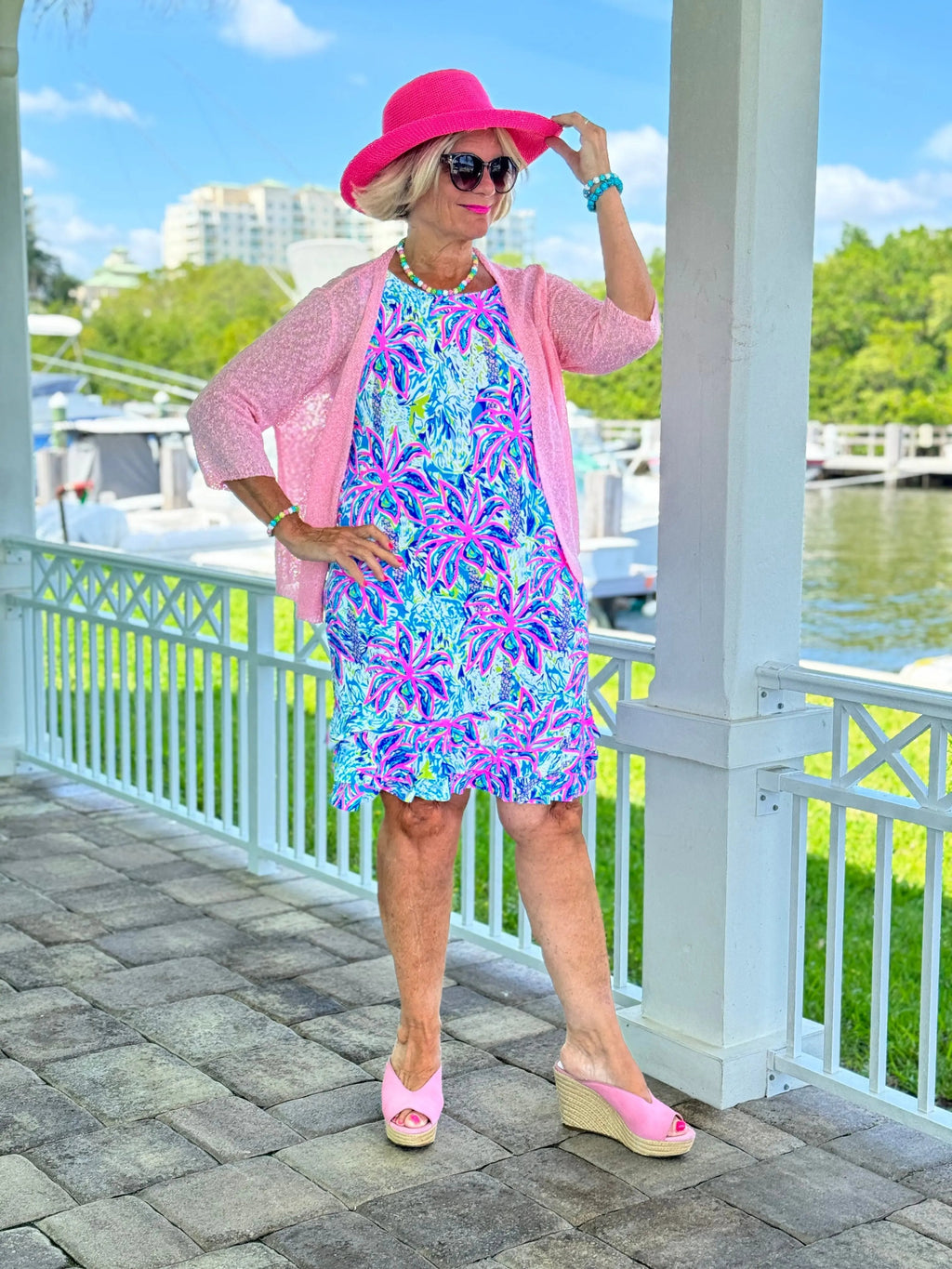 PINK PALM TREE  SHIFT RUFFLE DRESS