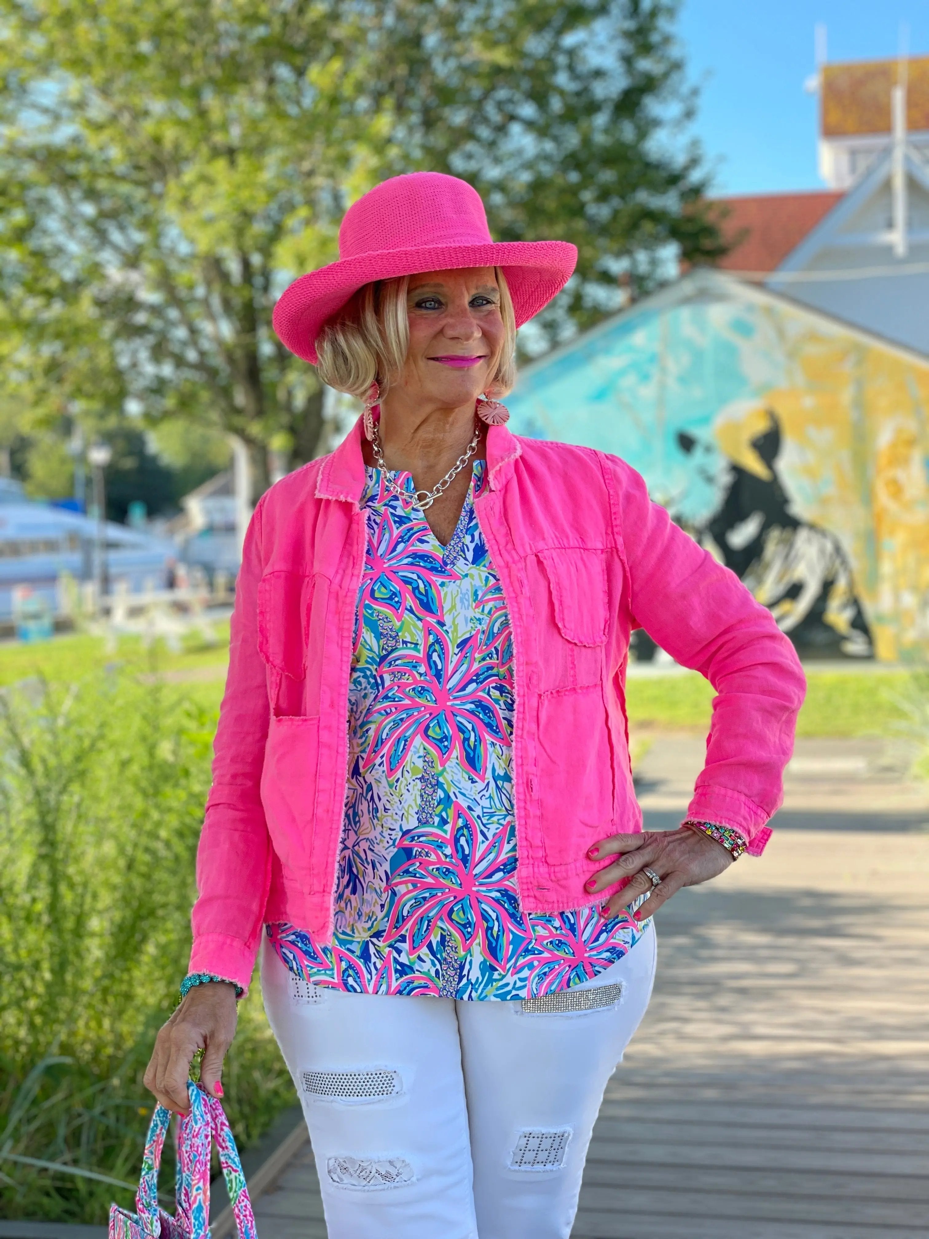 PINK PALM TREE SLEEVE TOP