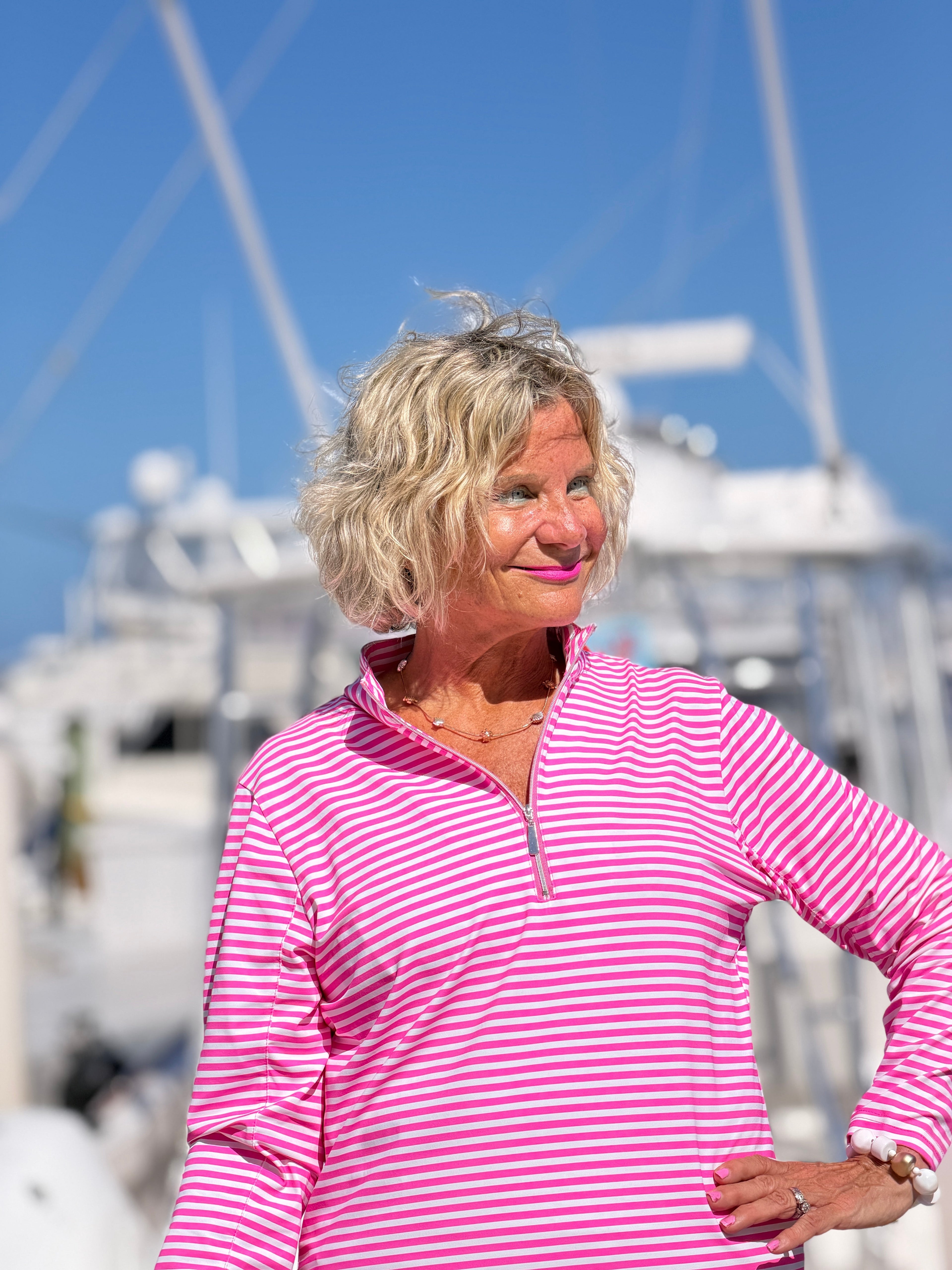 MARINA PINK STRIPE HALF ZIPPPER