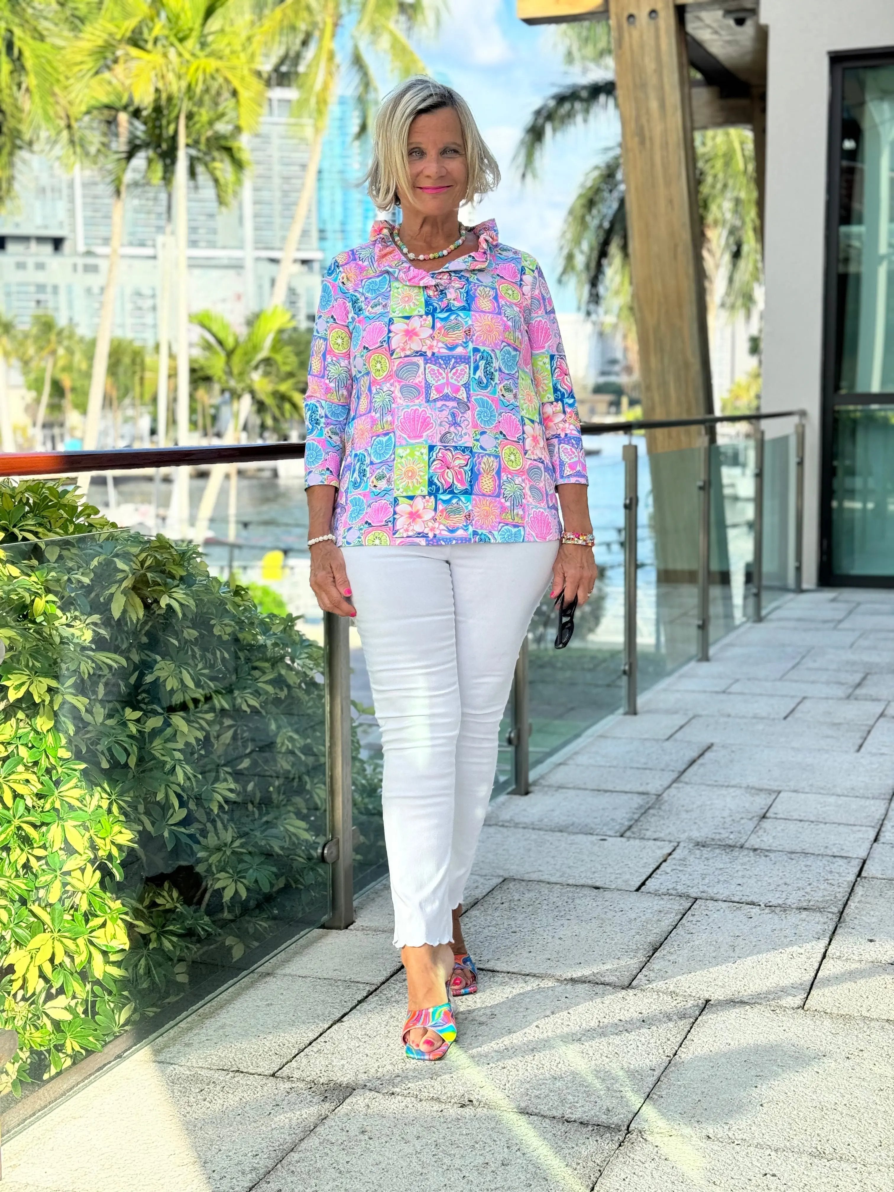 SANDY BEACH COLOR RUFFLE SLEEVE TOP