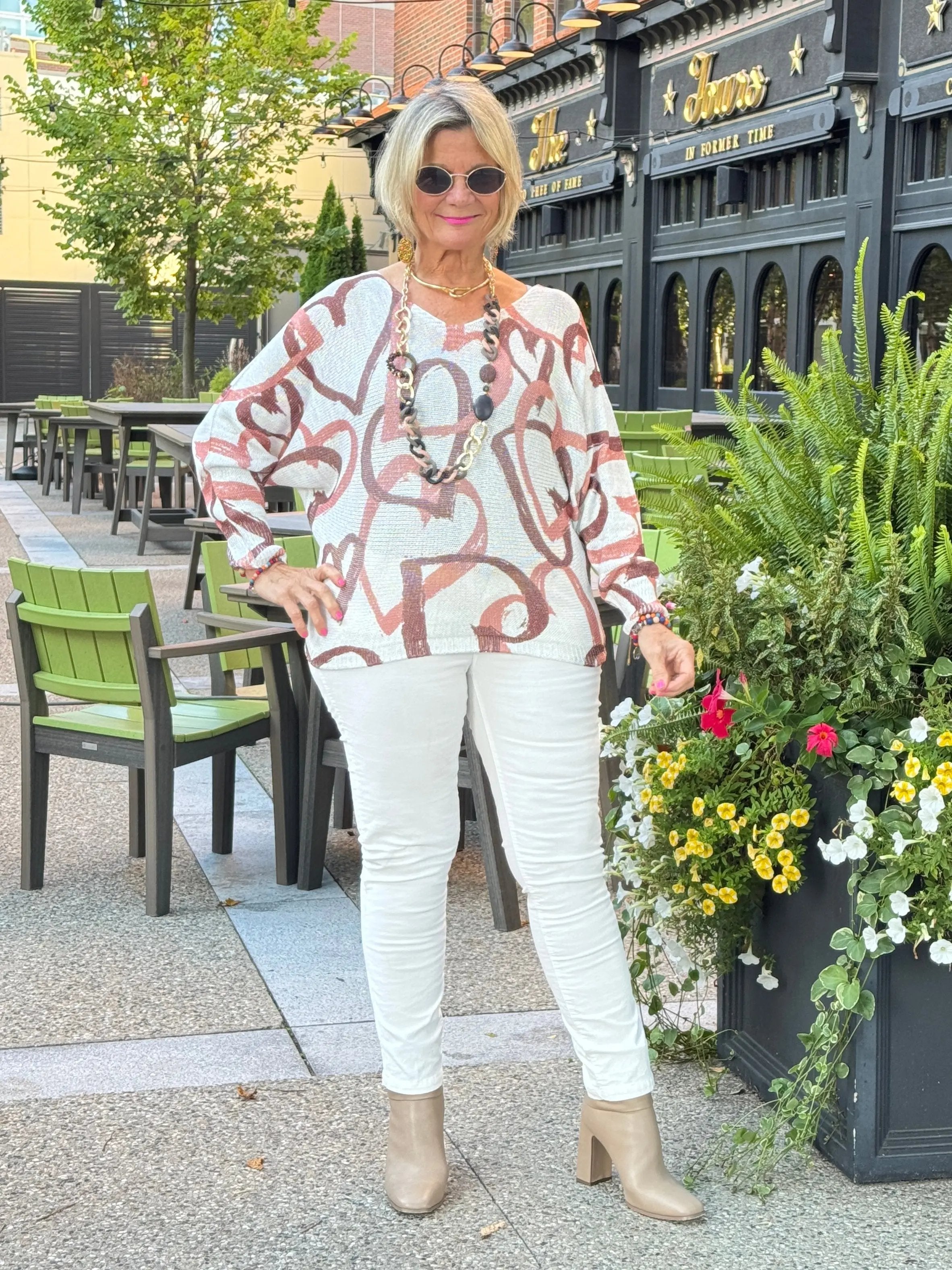 One Size Beige Heart Printed Knitted Sweater