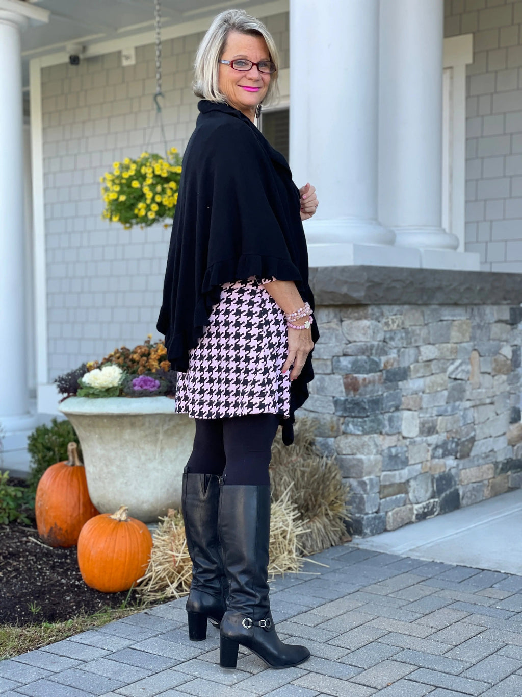 PINK HOUNDSTOOTH RUFFLE NECK DRESS FINAL,SALE