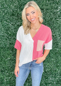 Coral And Off White Ribbed Colorblock Knit Top