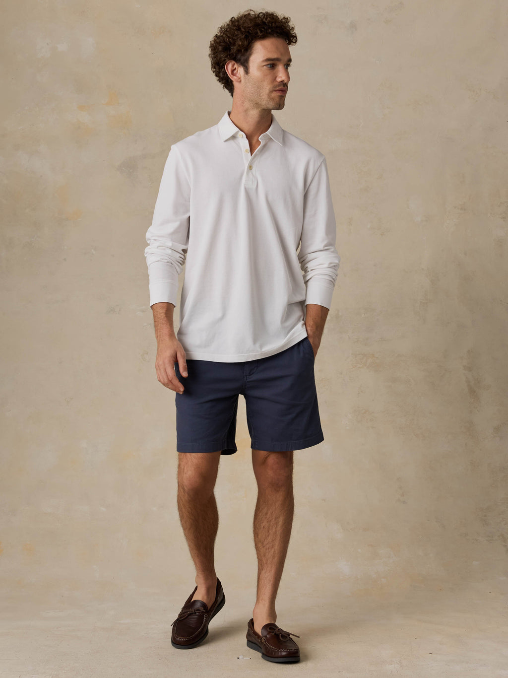 Long-Sleeve Sunwashed Pique Polo - Pure White