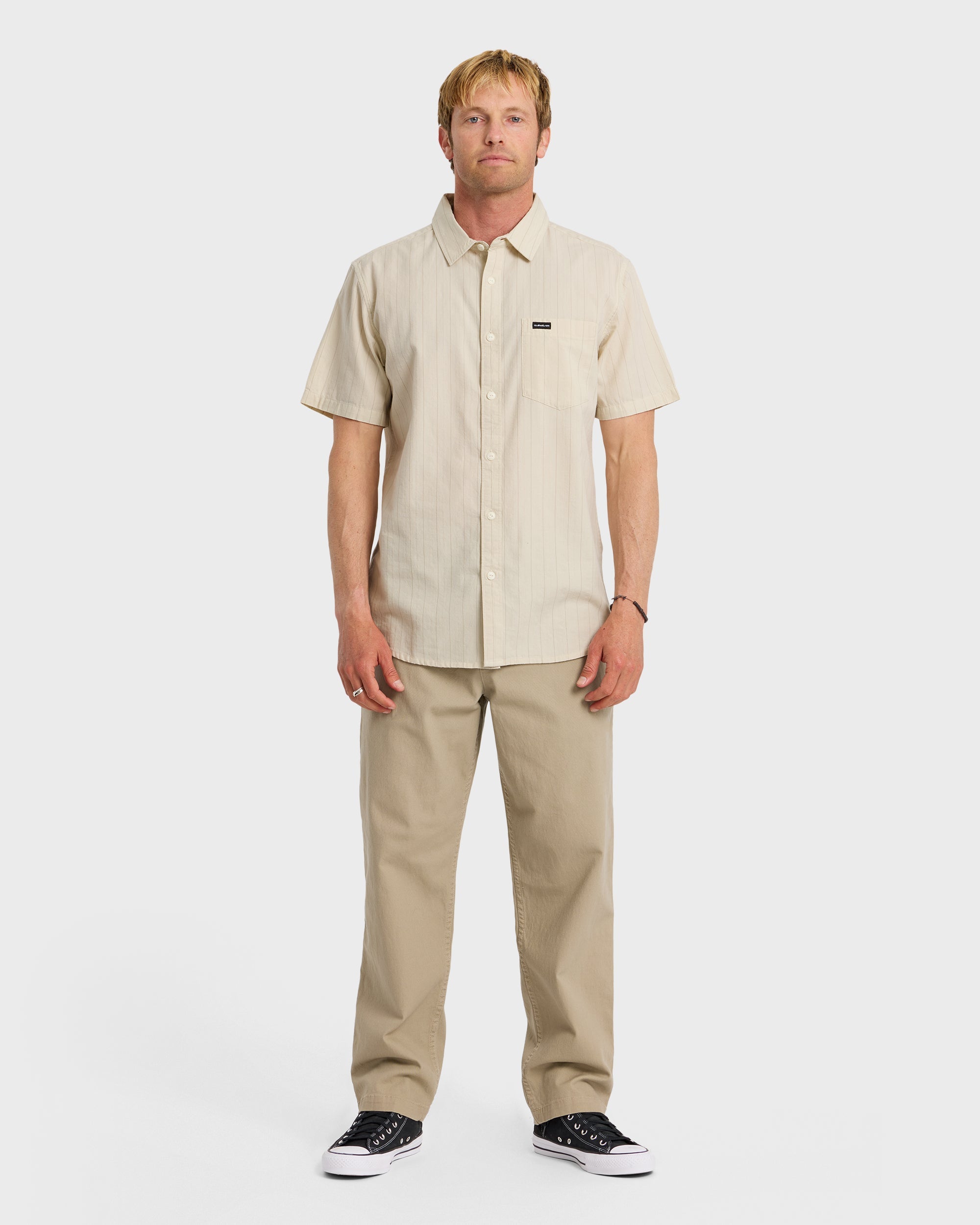 Dobby Stripe Classic Short Sleeve Shirt - Bone White