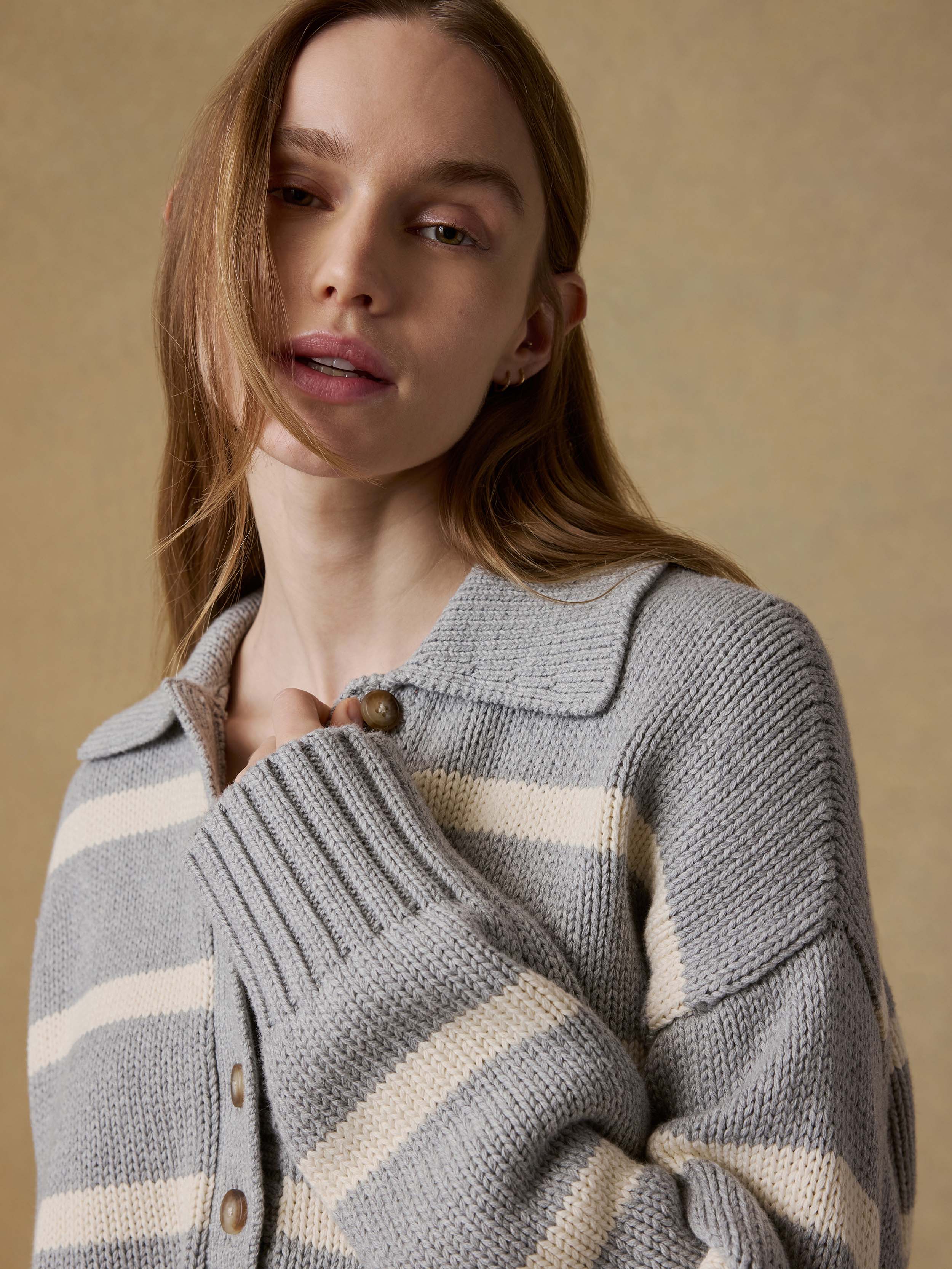 Sunwashed Cotton Polo Sweater - Grey Heather Stripe
