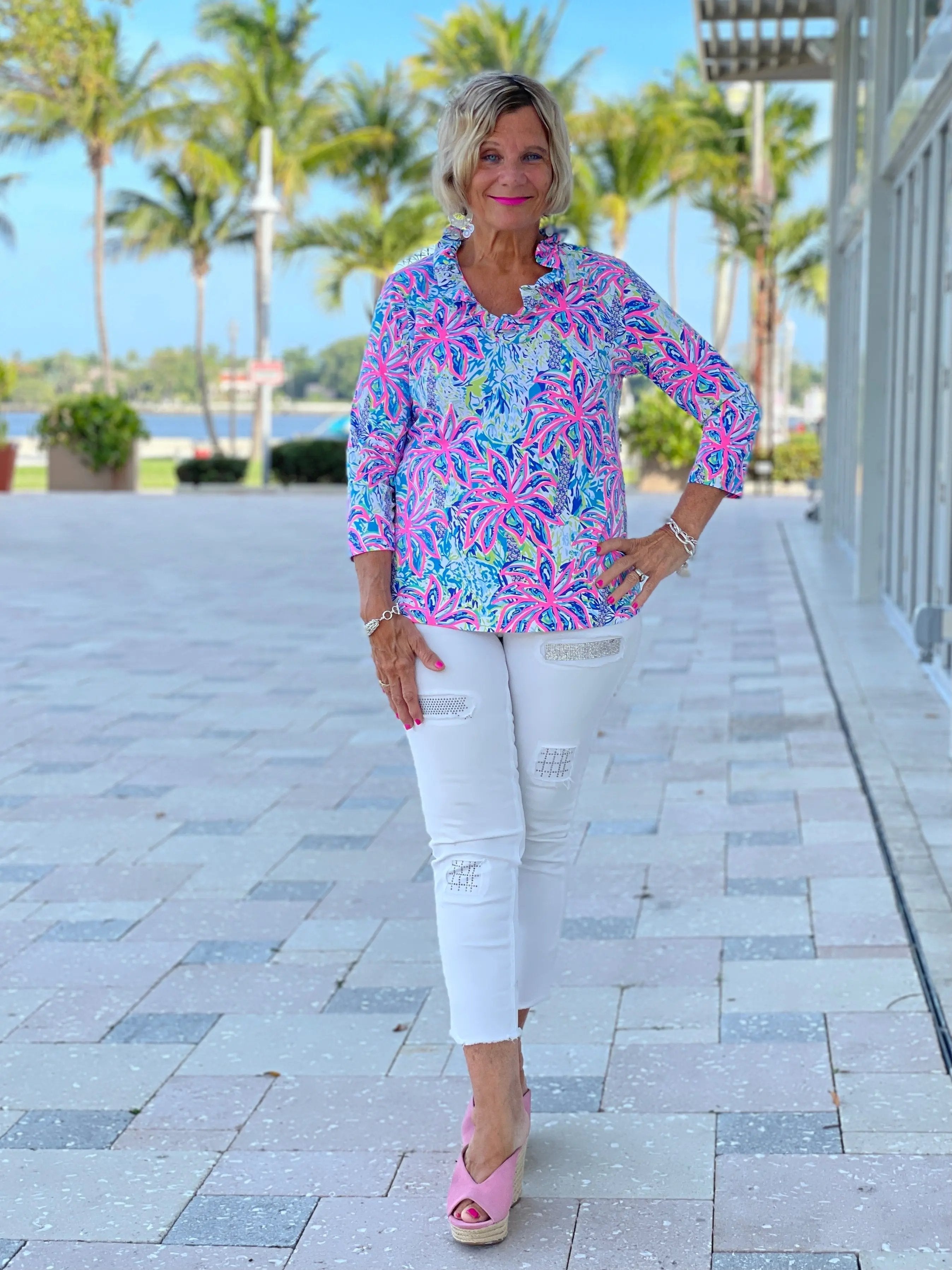 PINK PALM TREE 3/25 RUFFLE TOP