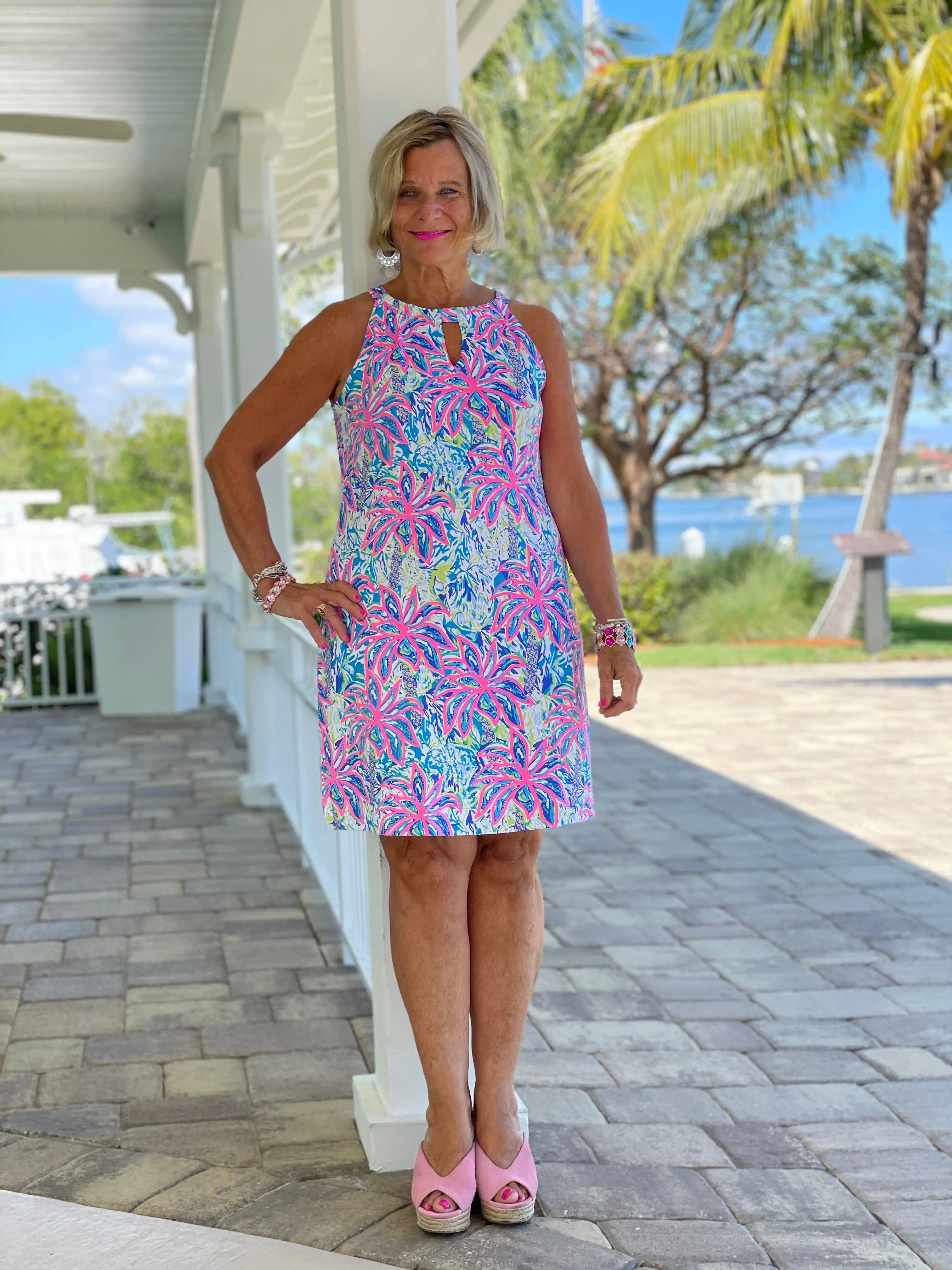 PINK PALM TREE BEACH KEYHOLE DRESS
