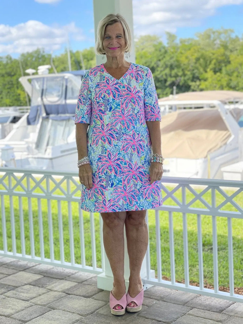PINK PALM TREE ELBOW SLEEVE DRESS